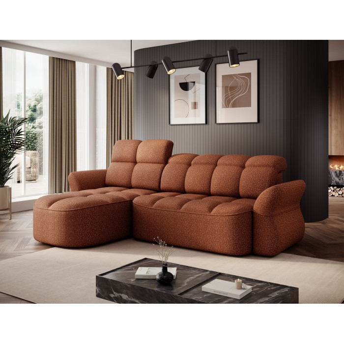 Canapé d’angle gauche convertible BENETHO 301 cm terracotta avec coffre 