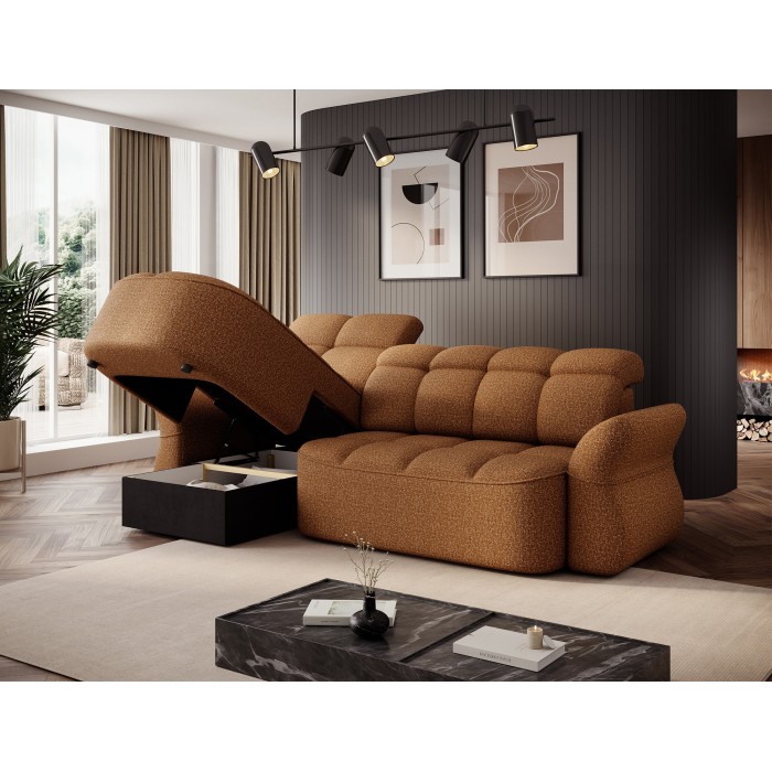 Canapé d’angle gauche convertible BENETHO 301 cm jaune orangé avec coffre 