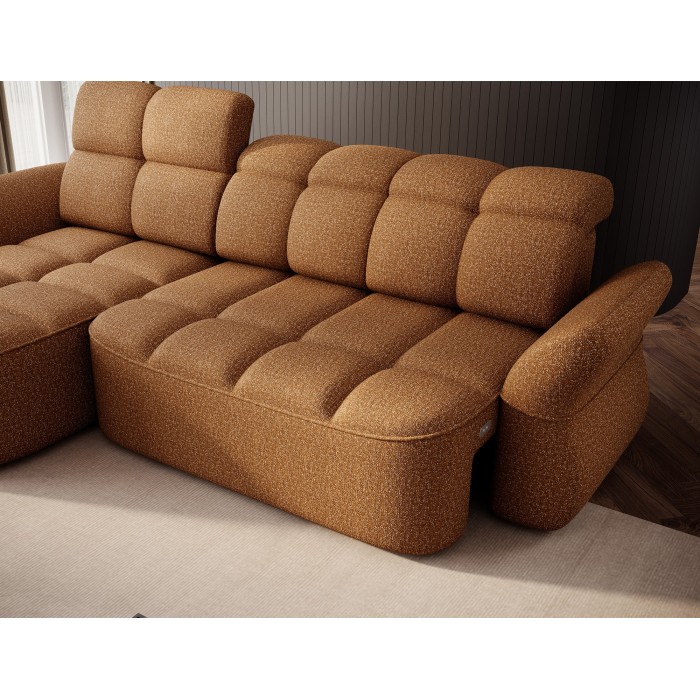Canapé d’angle gauche convertible BENETHO 301 cm jaune orangé avec coffre 