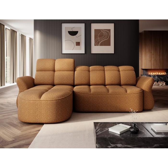 Canapé d’angle gauche convertible BENETHO 301 cm jaune orangé avec coffre 