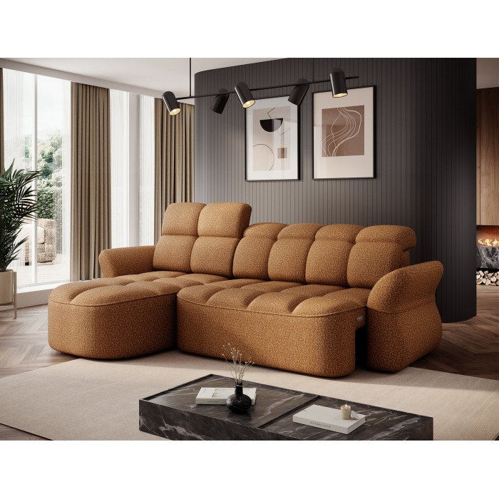 Canapé d’angle gauche convertible BENETHO 301 cm jaune orangé avec coffre 