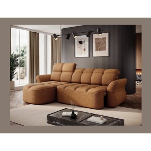 Canapé d’angle gauche convertible BENETHO 301 cm jaune orangé avec coffre 