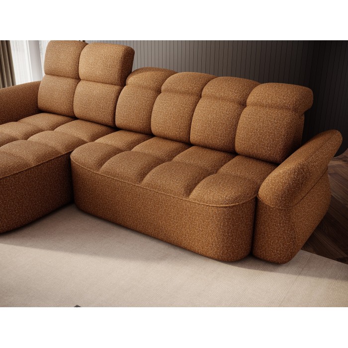 Canapé d’angle gauche convertible BENETHO 301 cm jaune orangé avec coffre 