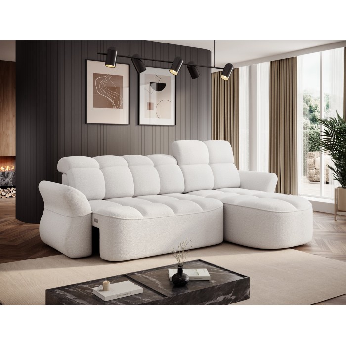 Canapé d’angle droit convertible BENETHO 301 cm blanc alpin avec coffre 