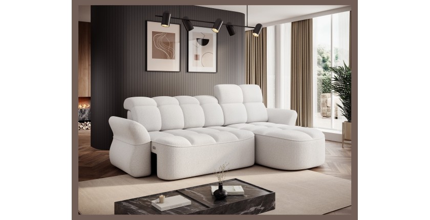 Canapé d’angle droit convertible BENETHO 301 cm blanc alpin avec coffre 