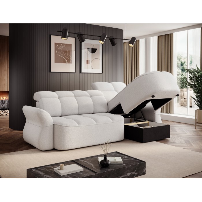 Canapé d’angle droit convertible BENETHO 301 cm blanc alpin avec coffre 