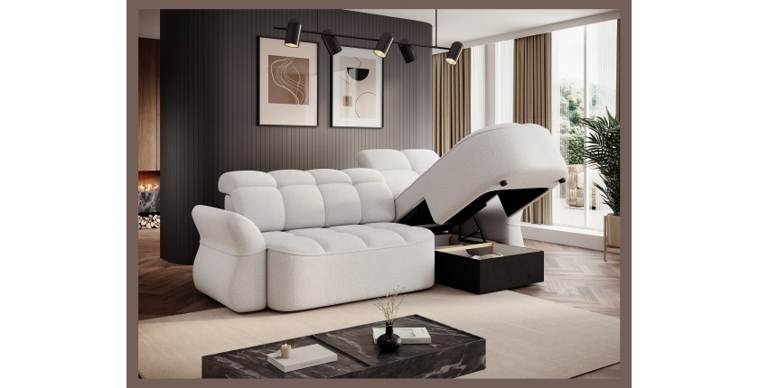 Canapé d’angle droit convertible BENETHO 301 cm blanc alpin avec coffre 