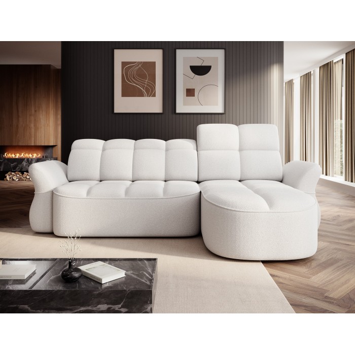 Canapé d’angle droit convertible BENETHO 301 cm blanc alpin avec coffre 