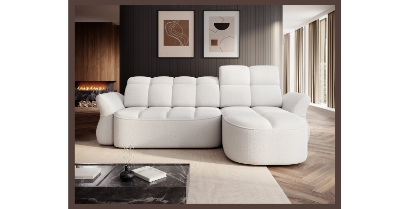 Canapé d’angle droit convertible BENETHO 301 cm blanc alpin avec coffre 
