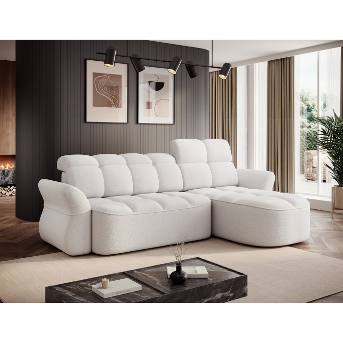 Canapé d’angle droit convertible BENETHO 301 cm blanc alpin avec coffre 