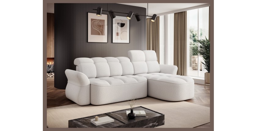 Canapé d’angle droit convertible BENETHO 301 cm blanc alpin avec coffre 