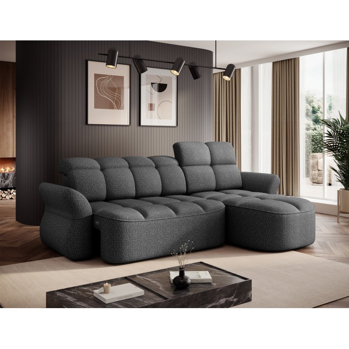 Canapé d’angle droit convertible BENETHO 301 cm gris chiné avec coffre et assise extensible 