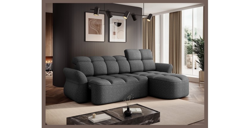 Canapé d’angle droit convertible BENETHO 301 cm gris chiné avec coffre et assise extensible 