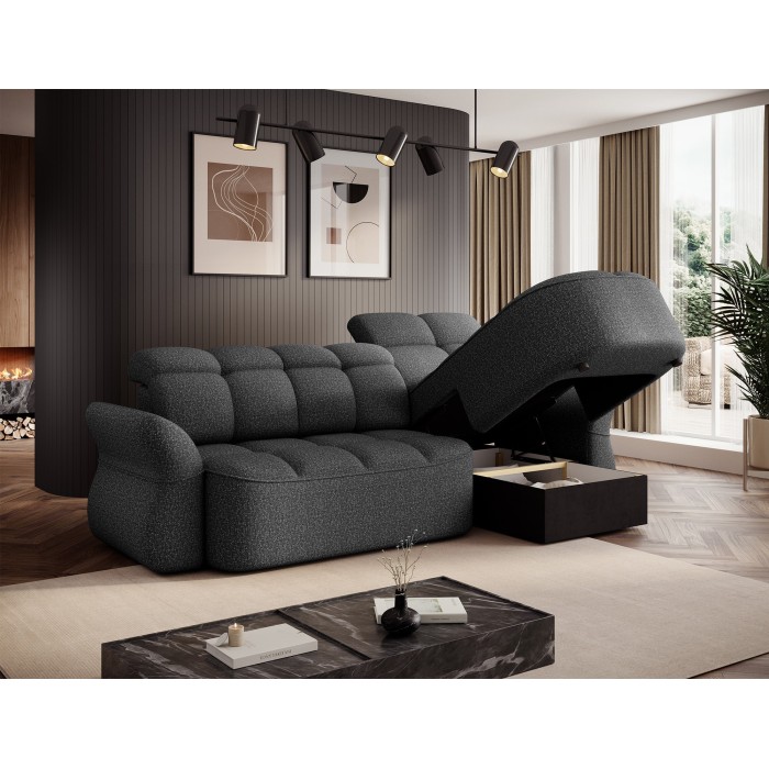 Canapé d’angle droit convertible BENETHO 301 cm gris chiné avec coffre et assise extensible 