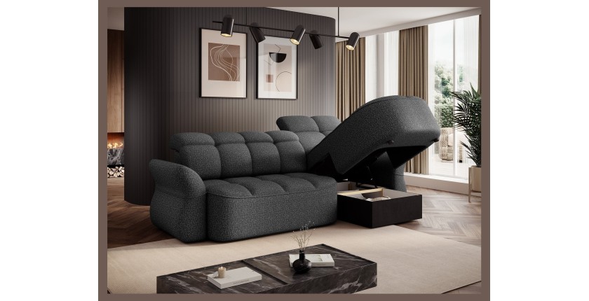 Canapé d’angle droit convertible BENETHO 301 cm gris chiné avec coffre et assise extensible 
