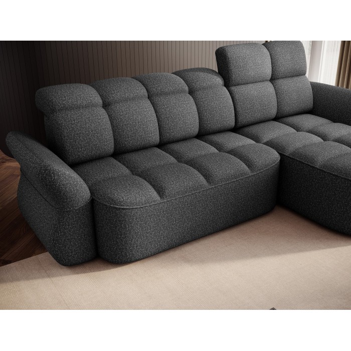 Canapé d’angle droit convertible BENETHO 301 cm gris chiné avec coffre et assise extensible 