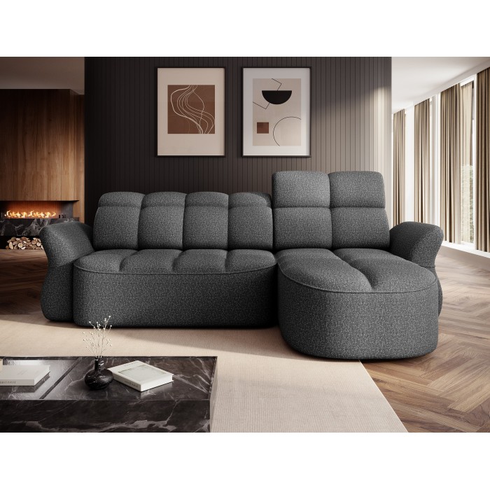 Canapé d’angle droit convertible BENETHO 301 cm gris chiné avec coffre et assise extensible 