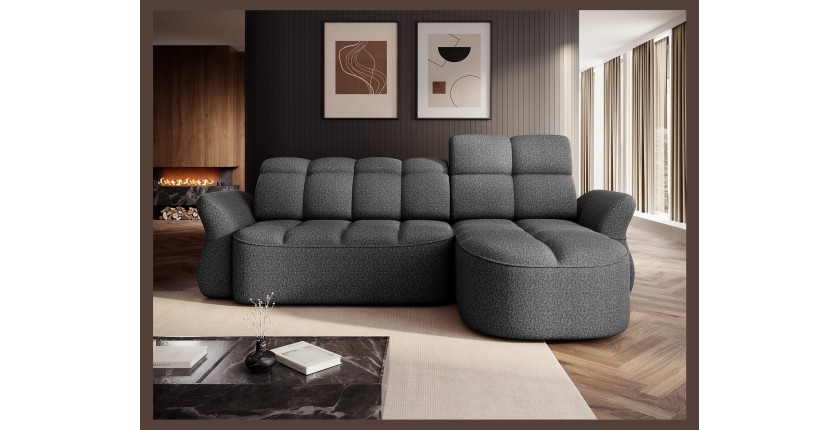 Canapé d’angle droit convertible BENETHO 301 cm gris chiné avec coffre et assise extensible 