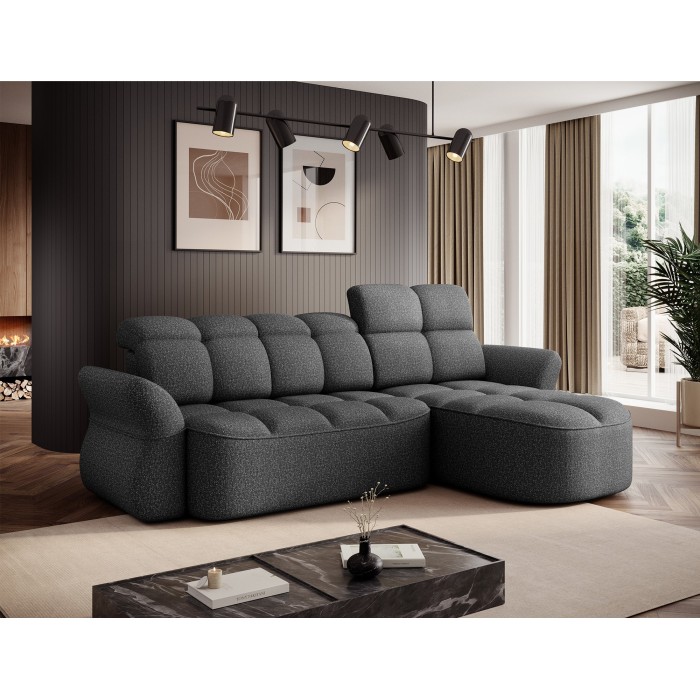 Canapé d’angle droit convertible BENETHO 301 cm gris chiné avec coffre et assise extensible 