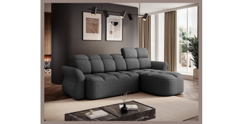 Canapé d’angle droit convertible BENETHO 301 cm gris chiné avec coffre et assise extensible 