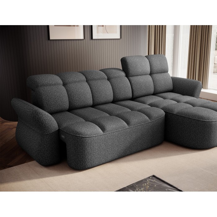 Canapé d’angle droit convertible BENETHO 301 cm gris chiné avec coffre et assise extensible 