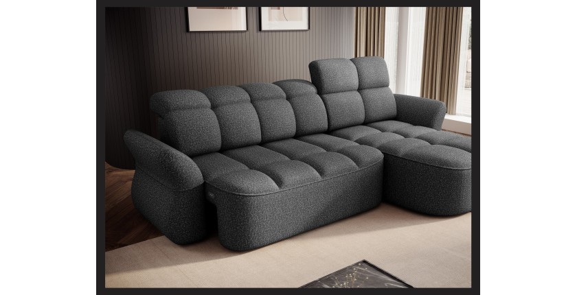 Canapé d’angle droit convertible BENETHO 301 cm gris chiné avec coffre et assise extensible 