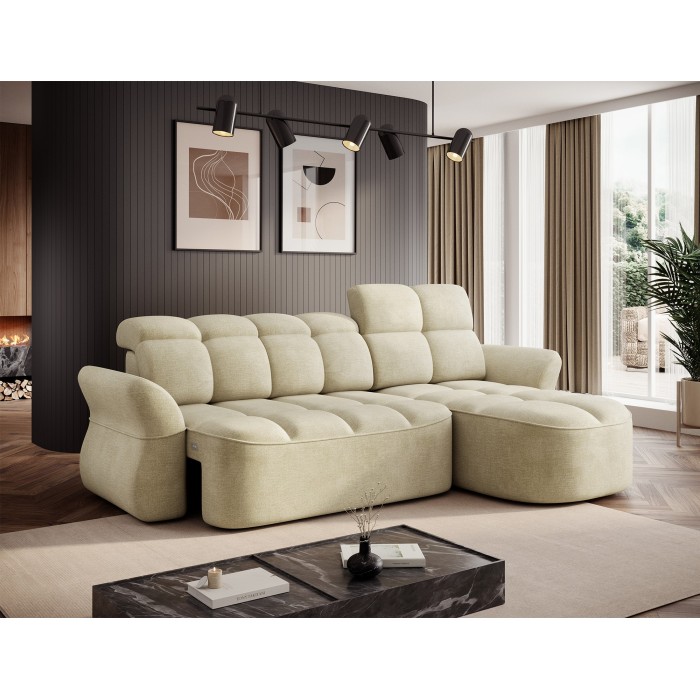 Canapé d’angle droit convertible BENETHO 301 cm beige avec coffre et assise extensible 