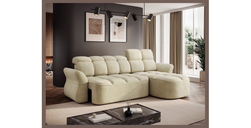 Canapé d’angle droit convertible BENETHO 301 cm beige avec coffre et assise extensible 