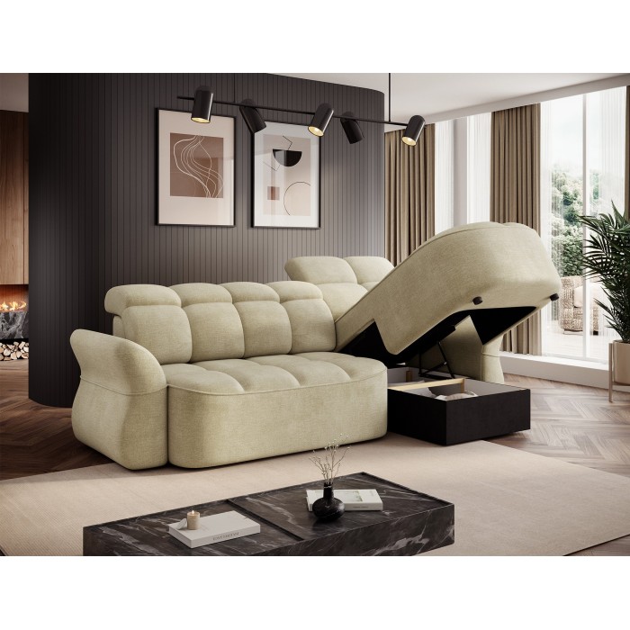 Canapé d’angle droit convertible BENETHO 301 cm beige avec coffre et assise extensible 