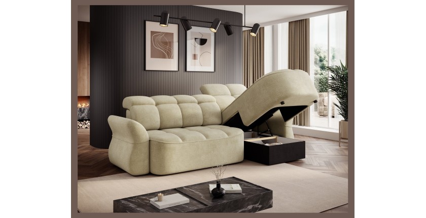 Canapé d’angle droit convertible BENETHO 301 cm beige avec coffre et assise extensible 