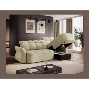 Canapé d’angle droit convertible BENETHO 301 cm beige avec coffre et assise extensible 