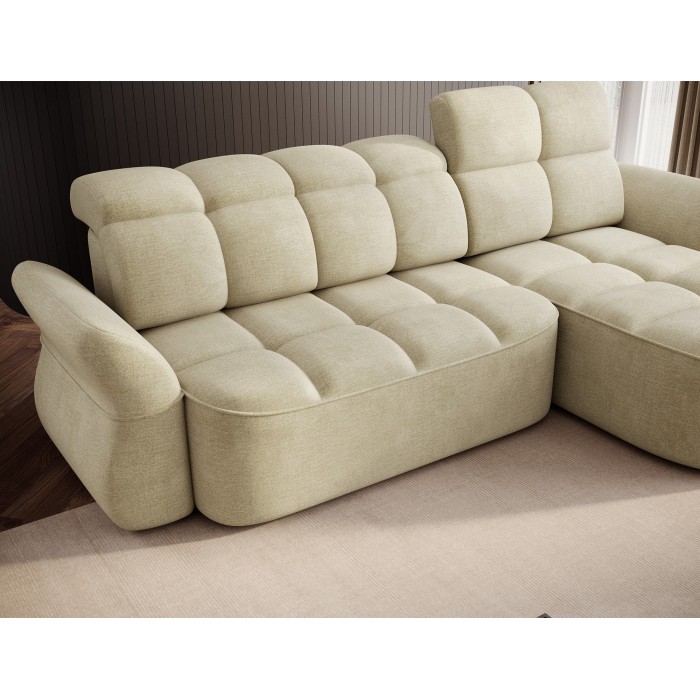Canapé d’angle droit convertible BENETHO 301 cm beige avec coffre et assise extensible 