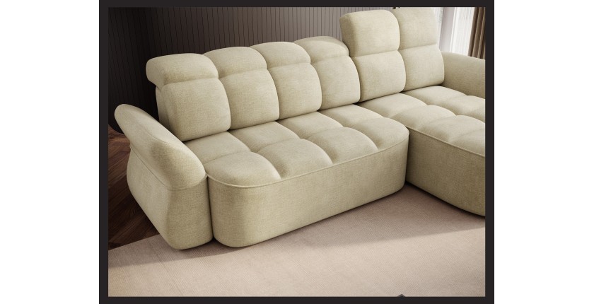 Canapé d’angle droit convertible BENETHO 301 cm beige avec coffre et assise extensible 