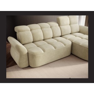 Canapé d’angle droit convertible BENETHO 301 cm beige avec coffre et assise extensible 