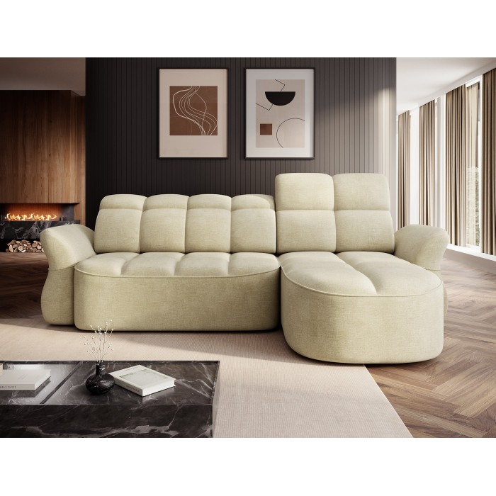 Canapé d’angle droit convertible BENETHO 301 cm beige avec coffre et assise extensible 