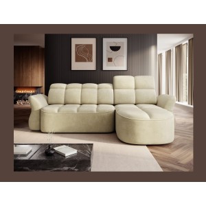 Canapé d’angle droit convertible BENETHO 301 cm beige avec coffre et assise extensible 