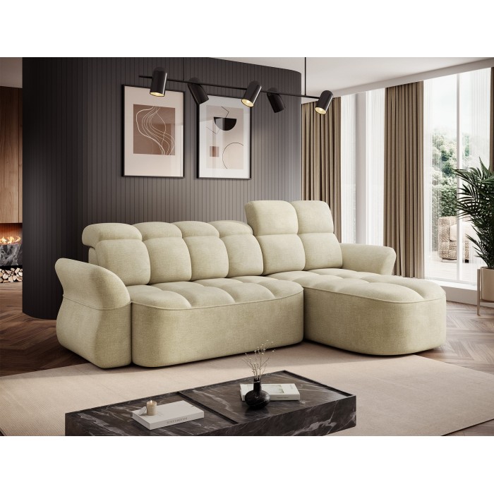 Canapé d’angle droit convertible BENETHO 301 cm beige avec coffre et assise extensible 