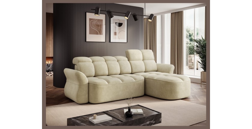Canapé d’angle droit convertible BENETHO 301 cm beige avec coffre et assise extensible 