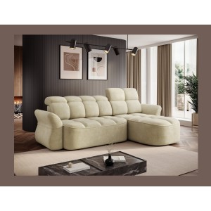 Canapé d’angle droit convertible BENETHO 301 cm beige avec coffre et assise extensible 
