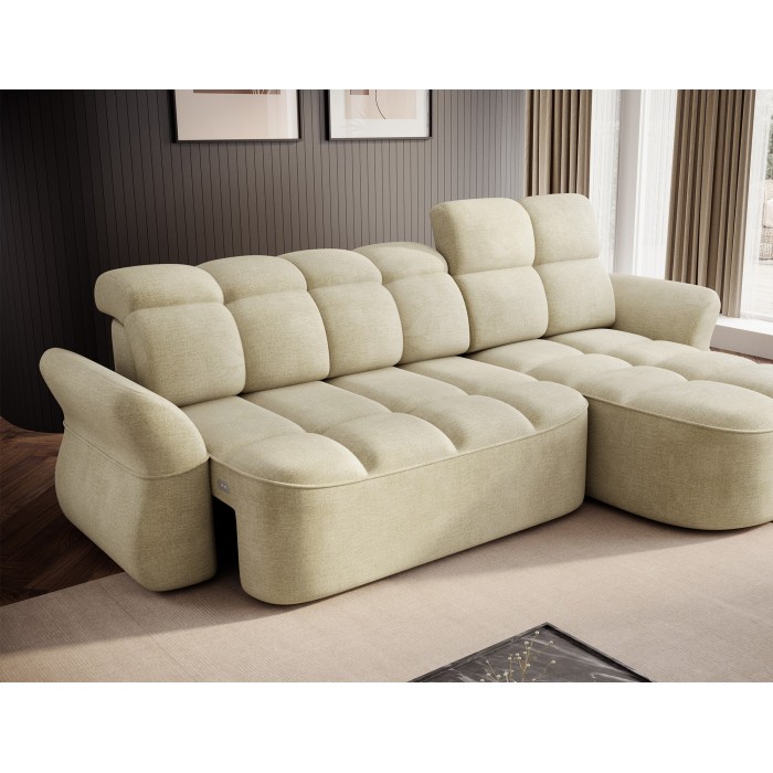 Canapé d’angle droit convertible BENETHO 301 cm beige avec coffre et assise extensible 