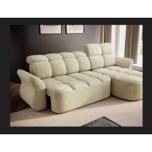 Canapé d’angle droit convertible BENETHO 301 cm beige avec coffre et assise extensible 