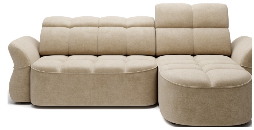Canapé d’angle droit convertible BENETHO 301 cm beige foncé avec coffre et assise extensible 