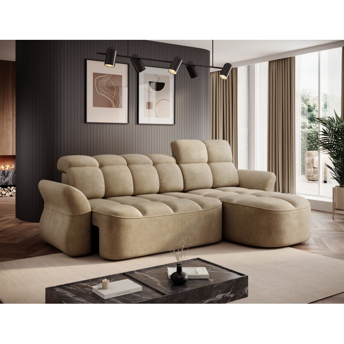 Canapé d’angle droit convertible BENETHO 301 cm beige foncé avec coffre et assise extensible 