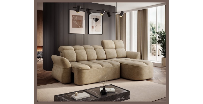 Canapé d’angle droit convertible BENETHO 301 cm beige foncé avec coffre et assise extensible 
