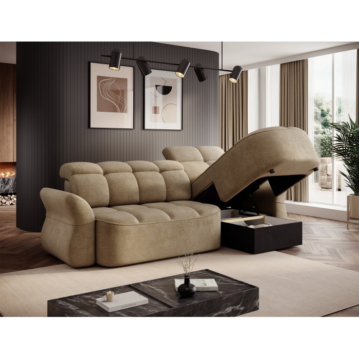 Canapé d’angle droit convertible BENETHO 301 cm beige foncé avec coffre et assise extensible 