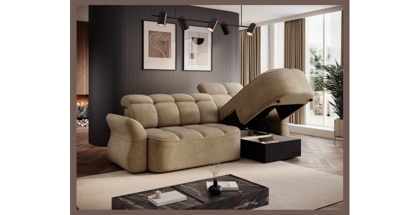 Canapé d’angle droit convertible BENETHO 301 cm beige foncé avec coffre et assise extensible 