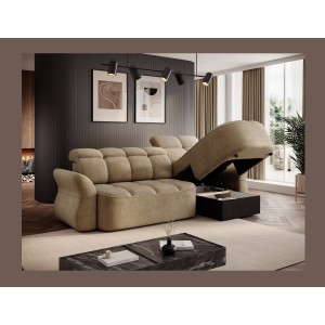 Canapé d’angle droit convertible BENETHO 301 cm beige foncé avec coffre et assise extensible 