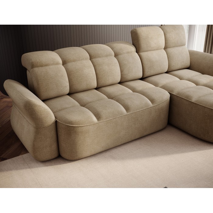 Canapé d’angle droit convertible BENETHO 301 cm beige foncé avec coffre et assise extensible 