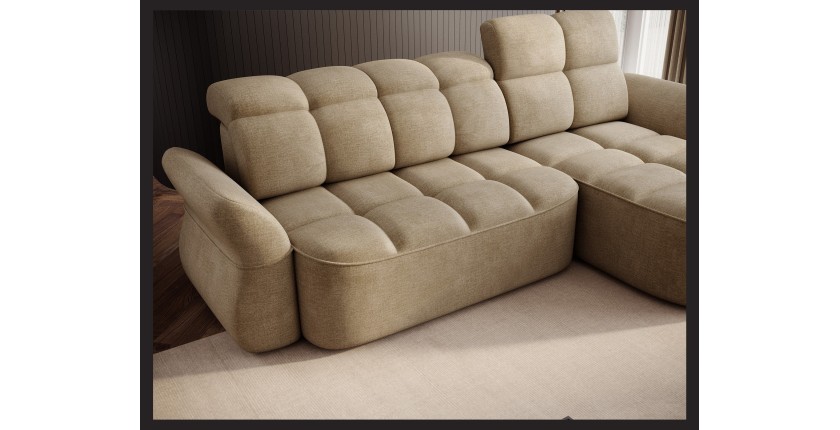 Canapé d’angle droit convertible BENETHO 301 cm beige foncé avec coffre et assise extensible 