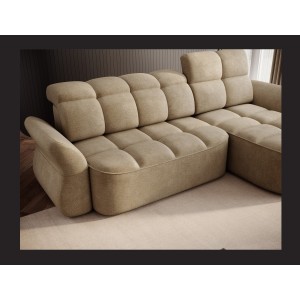 Canapé d’angle droit convertible BENETHO 301 cm beige foncé avec coffre et assise extensible 